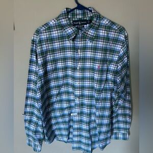Ralph Lauren Men's Blue and Green Plaid Polo Long Sleeved Shirt